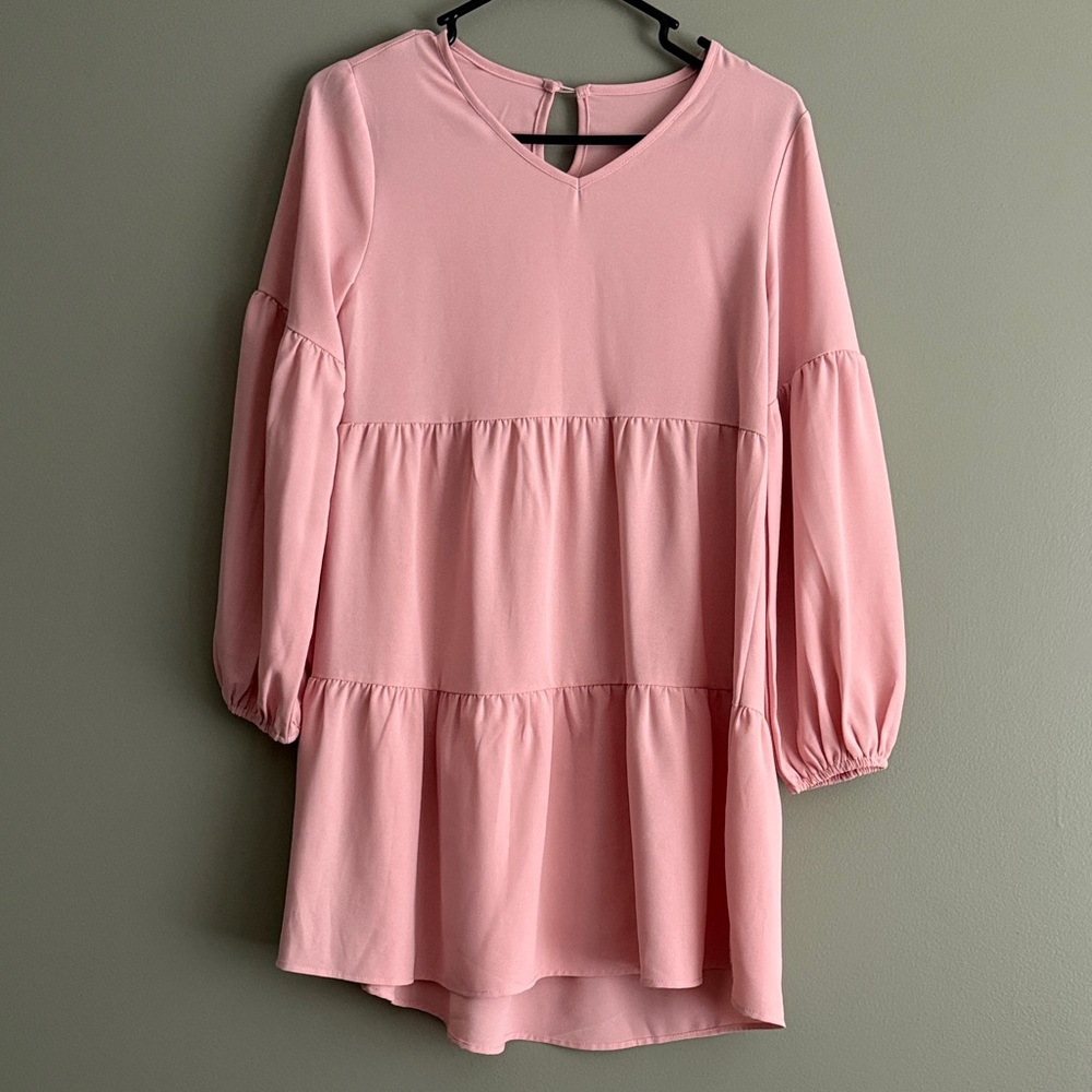 Pink Long Sleeve Tiered Dress